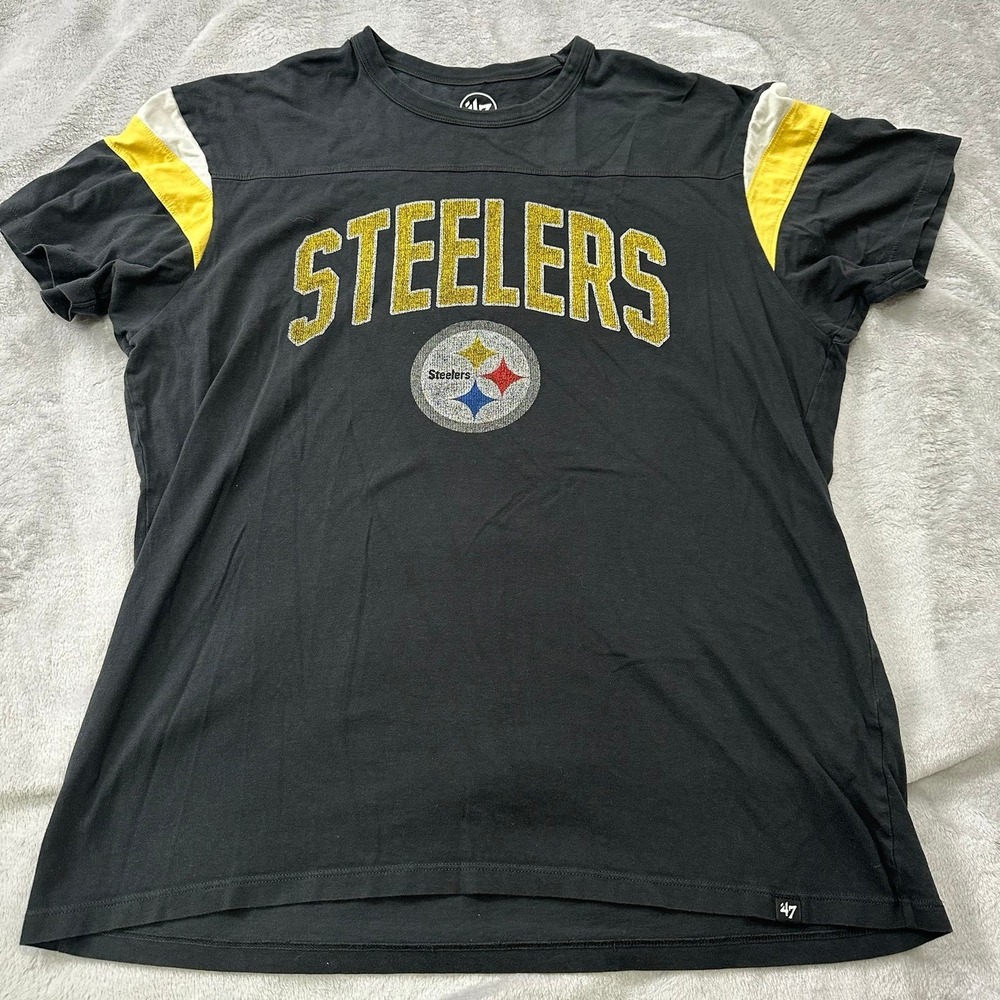 '47 Brand Pittsburgh Steelers T-Shirt Mens XL Black Glitter Graphic NFL Tee